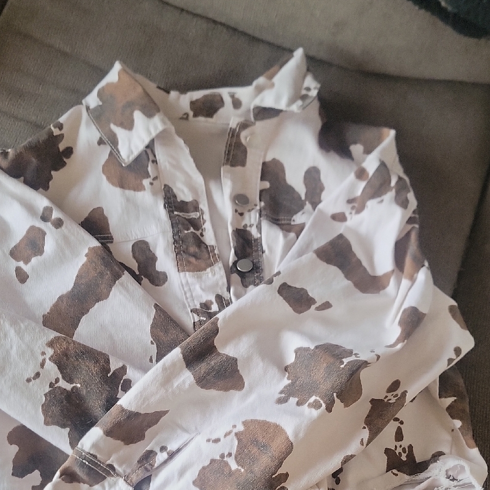 Brown Cow Print Button-Front Shirt